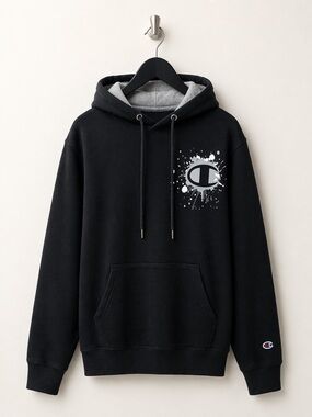 Champion Black Hoodie Paint Splatter Logo Pullover Fleece 2XL Streetwear